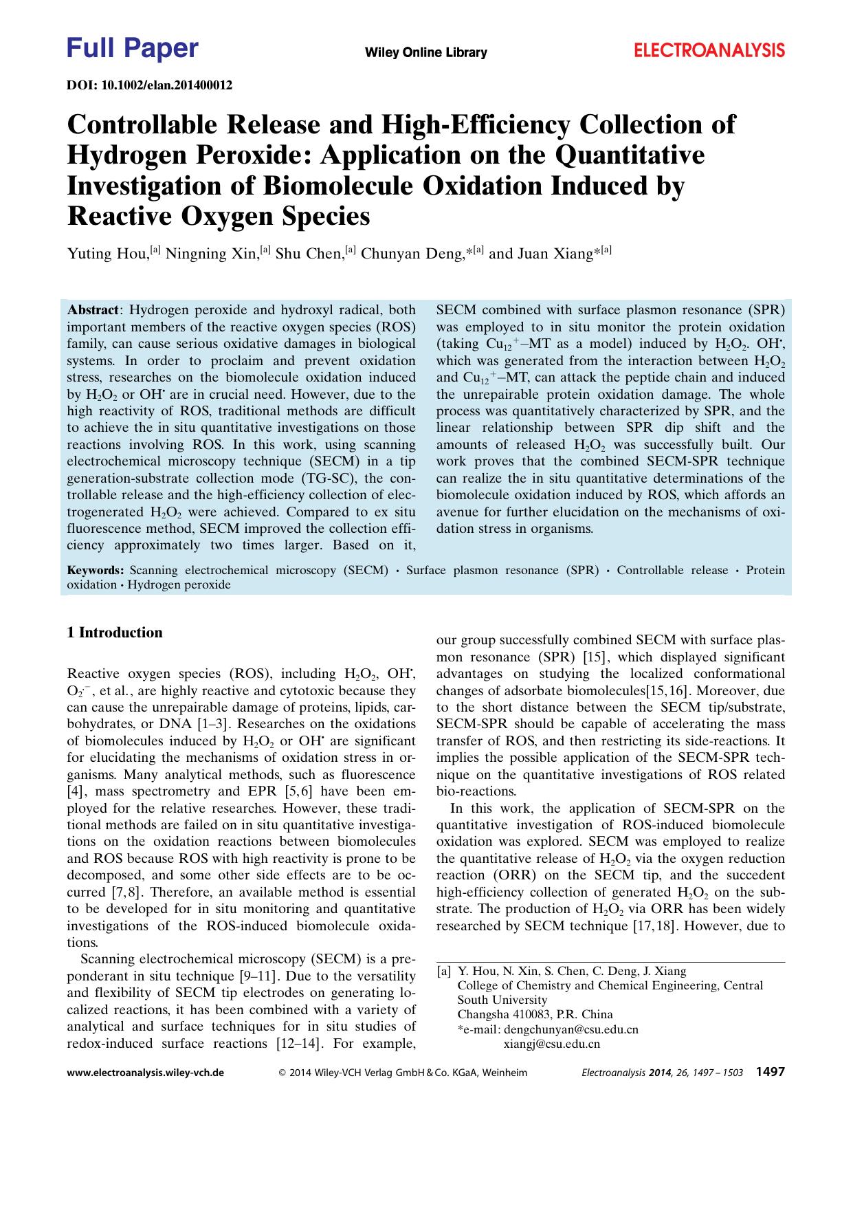 Controllable Release and HighEfficiency Collection of Hydrogen Peroxide: Application on the Quantitative Investigation of Biomolecule Oxidation Induced by Reactive Oxygen Species by Unknown