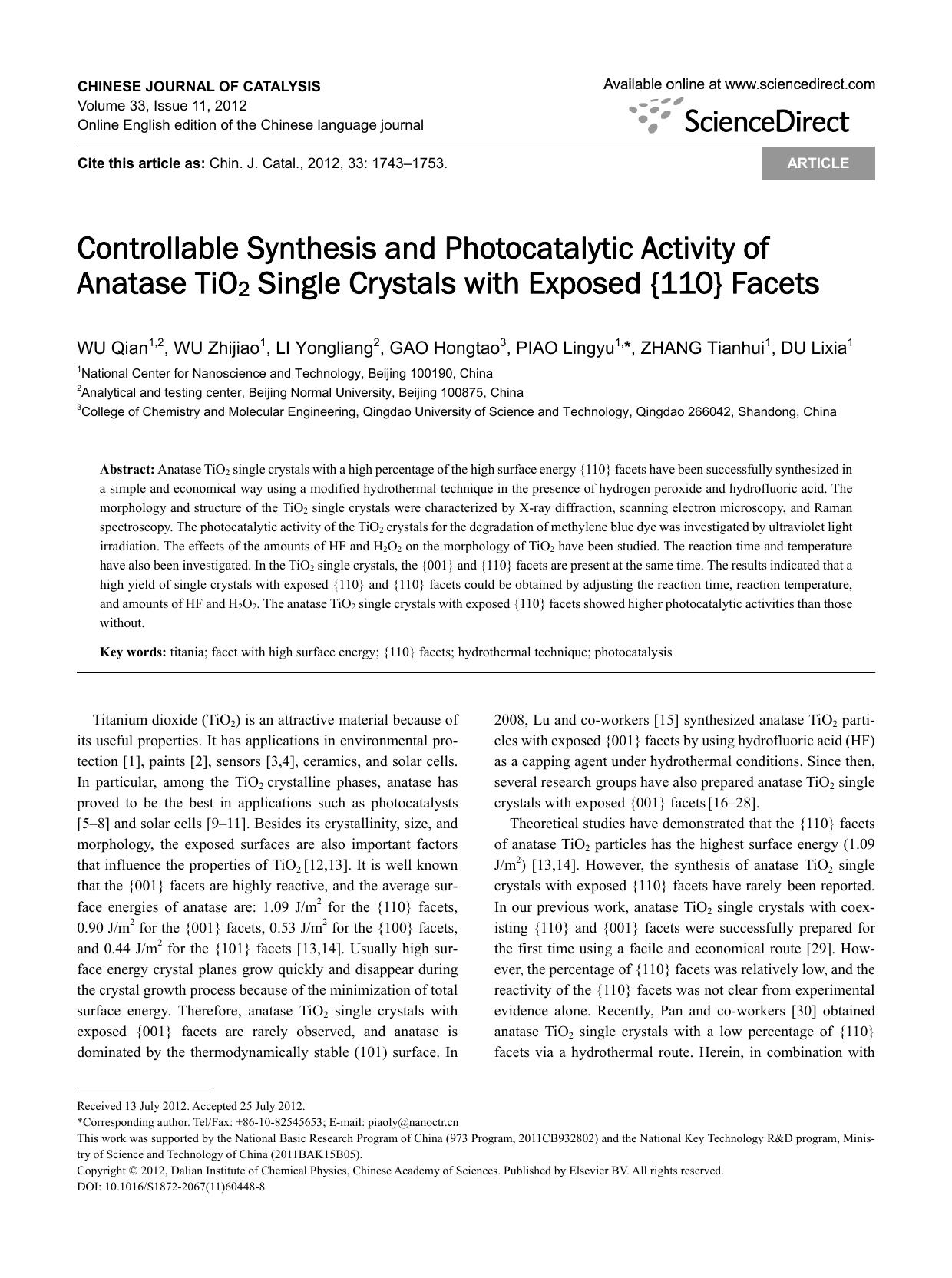 Controllable Synthesis and Photocatalytic Activity of Anatase TiO2 Single Crystals with Exposed {110} Facets by Qian WU & Zhijiao WU & Yongliang LI & Hongtao GAO & Lingyu PIAO & Tianhui ZHANG & Lixia DU