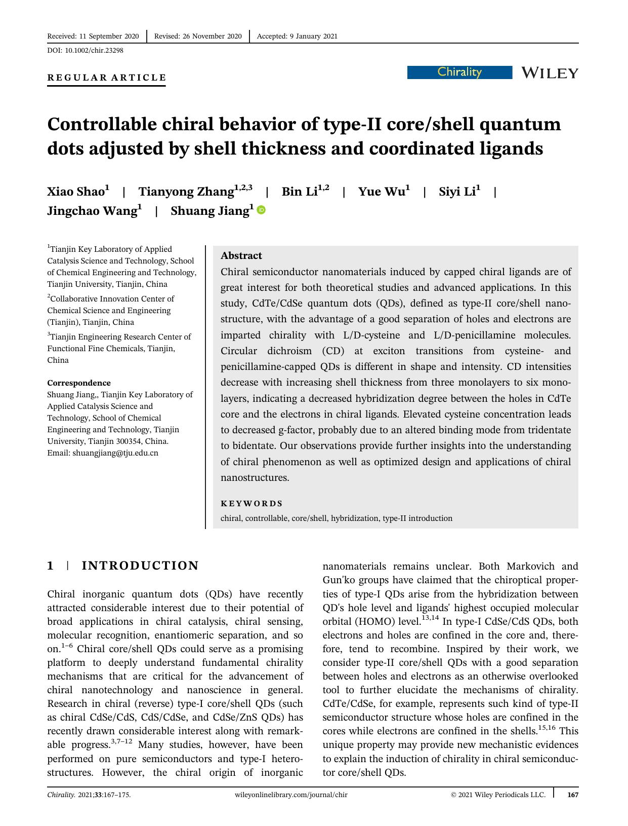Controllable chiral behavior of typeâII coreshell quantum dots adjusted by shell thickness and coordinated ligands by Xiao Shao Tianyong Zhang Bin Li Yue Wu Siyi Li Jingchao Wang Shuang Jiang