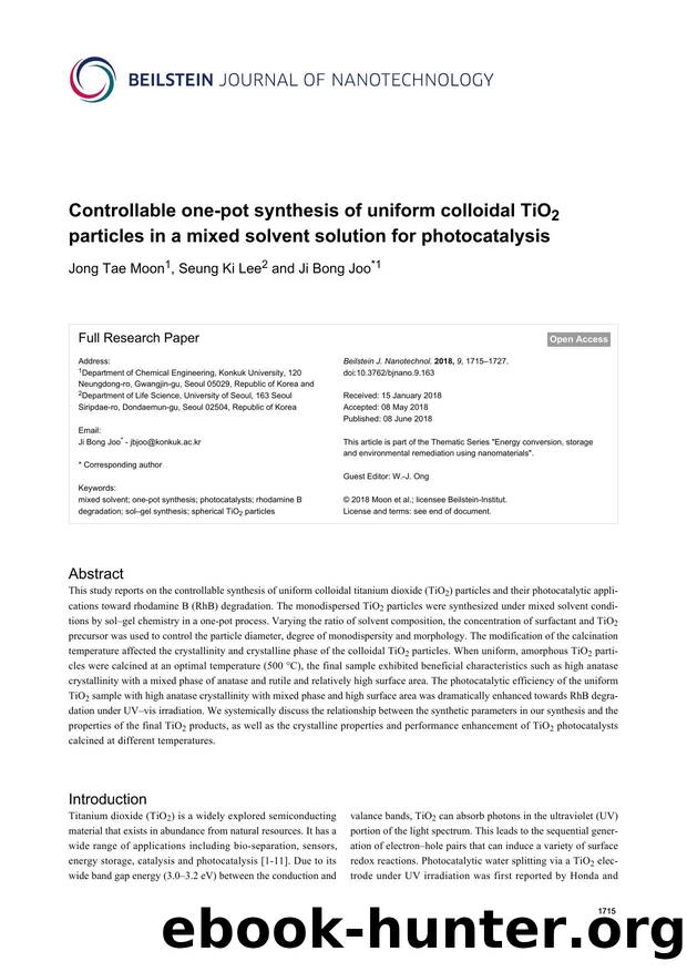 Controllable one-pot synthesis of uniform colloidal TiO2 particles in a mixed solvent solution for photocatalysis by Jong Tae Moon Seung Ki Lee Ji Bong Joo