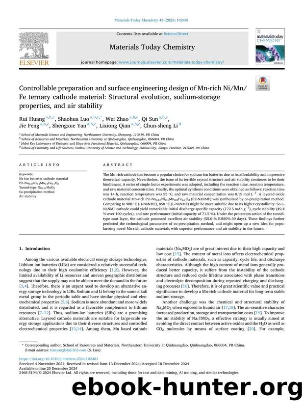 Controllable preparation and surface engineering design of Mn-rich NiMnFe ternary cathode material: Structural evolution, sodium-storage properties, and air stability by Rui Huang & Shaohua Luo & Wei Zhao & Qi Sun & Jie Feng & Shengxue Yan & Lixiong Qian & Chun-sheng Li