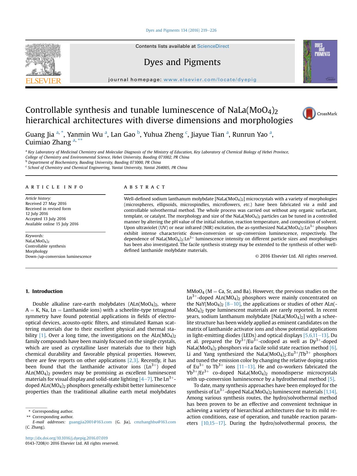 Controllable synthesis and tunable luminescence of NaLa(MoO4)2 hierarchical architectures with diverse dimensions and morphologies by Guang Jia & Yanmin Wu & Lan Gao & Yuhua Zheng & Jiayue Tian & Runrun Yao & Cuimiao Zhang