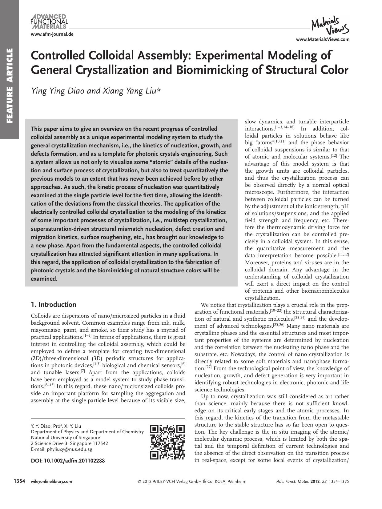 Controlled Colloidal Assembly: Experimental Modeling of General Crystallization and Biomimicking of Structural Color by vng