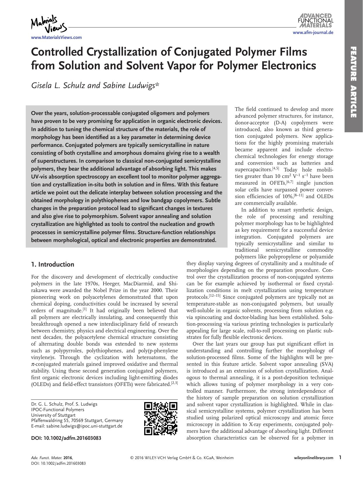 Controlled Crystallization of Conjugated Polymer Films from Solution and Solvent Vapor for Polymer Electronics by Unknown