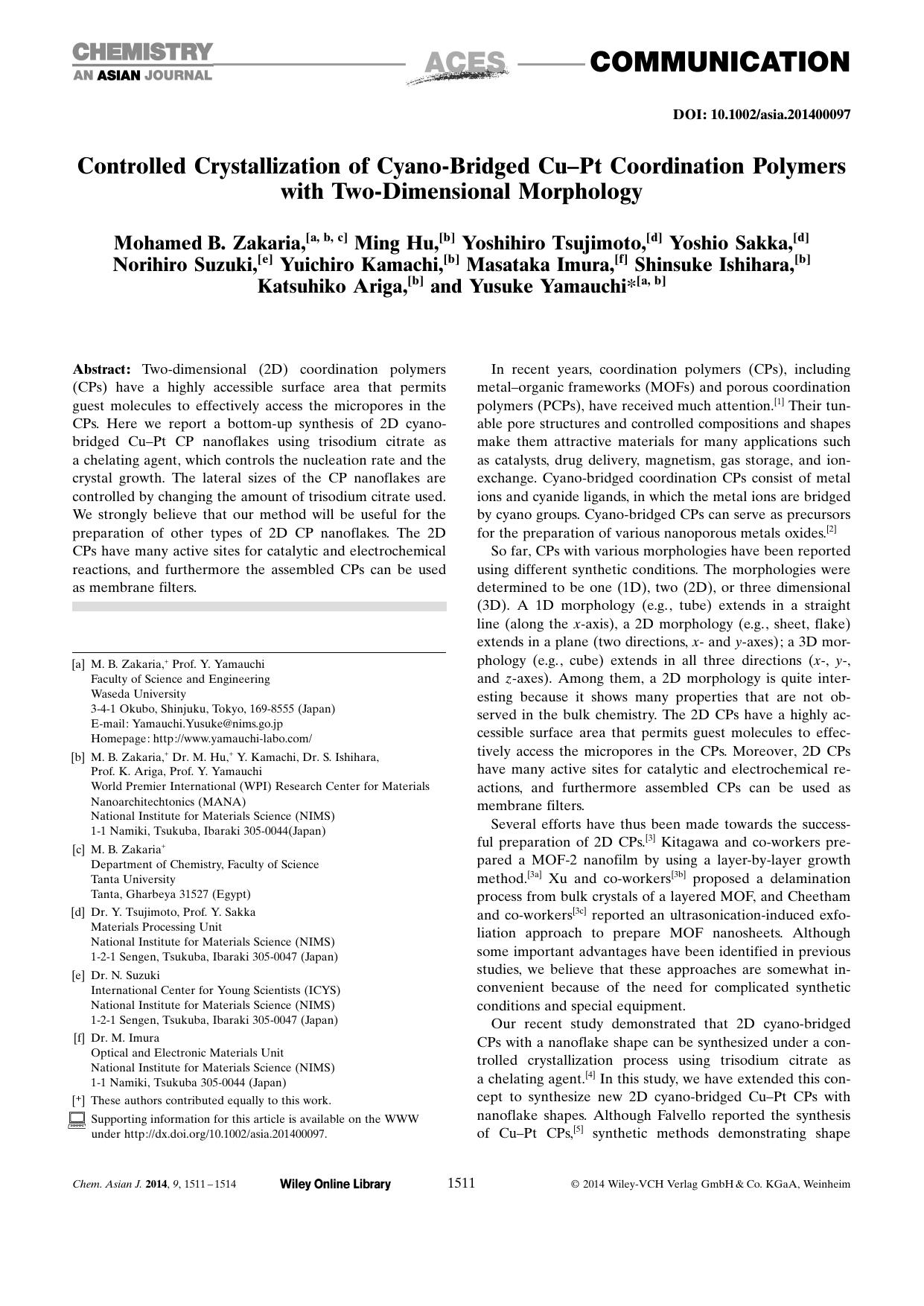 Controlled Crystallization of CyanoBridged CuPt Coordination Polymers with TwoDimensional Morphology by Unknown