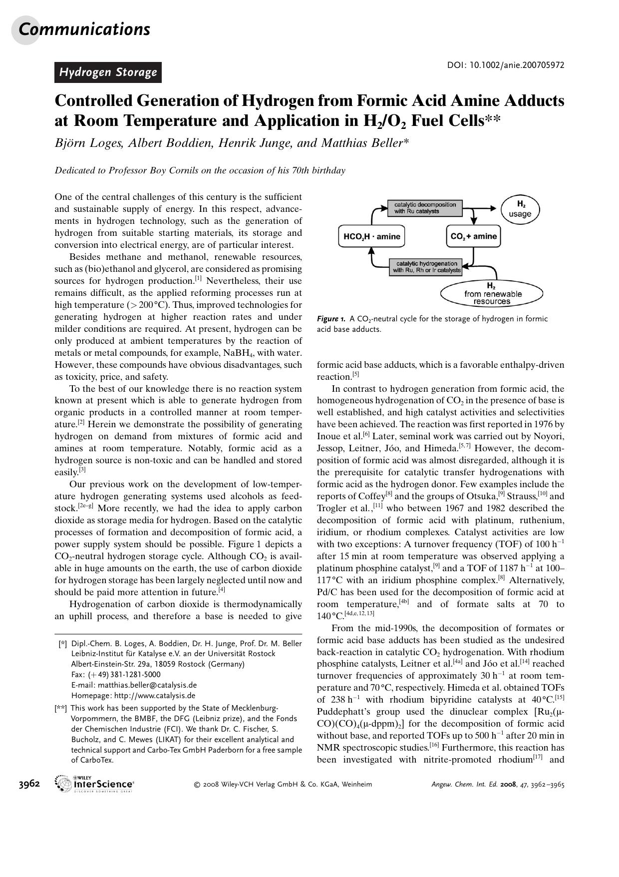 Controlled Generation of Hydrogen from Formic Acid Amine Adducts at Room Temperature and Application in H2O2 Fuel Cells by Unknown