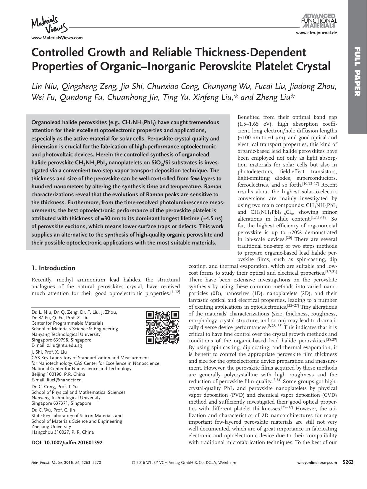 Controlled Growth and Reliable Thickness‐Dependent Properties of Organic–Inorganic Perovskite Platelet Crystal by Unknown