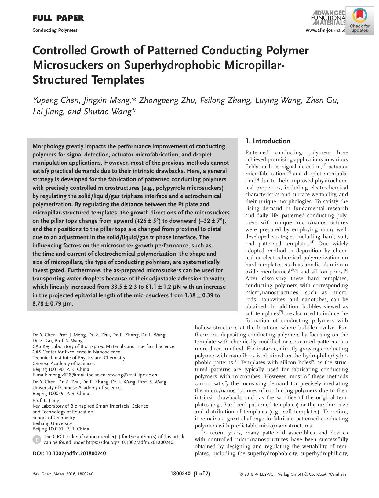 Controlled Growth of Patterned Conducting Polymer Microsuckers on Superhydrophobic MicropillarâStructured Templates by Unknown