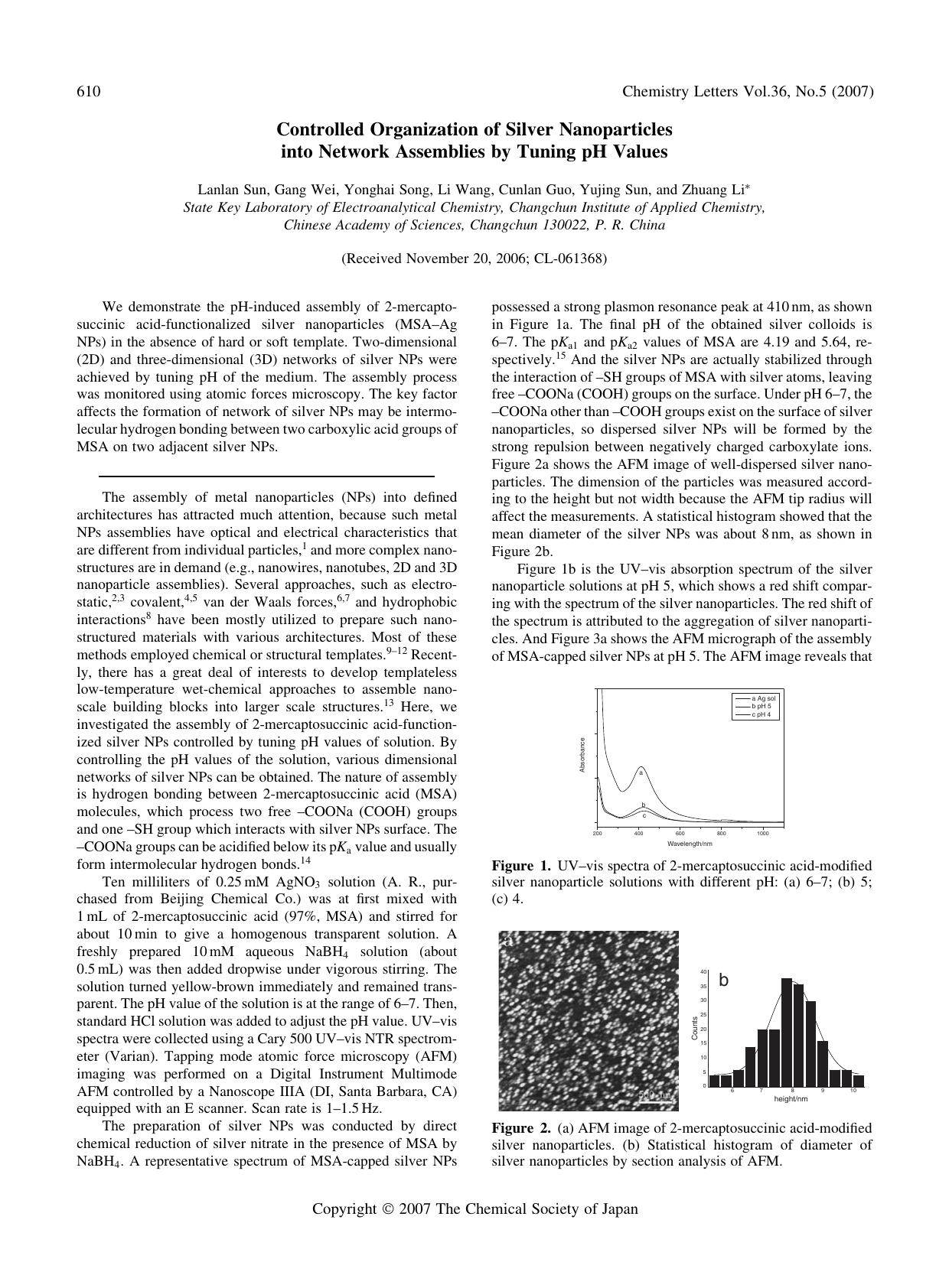 Controlled Organization of Silver Nanoparticles into Network Assemblies by Tuning pH Values by Lanlan Sun Gang Wei Yonghai Song Li Wang Cunlan Guo Yujing Sun and Zhuang Li