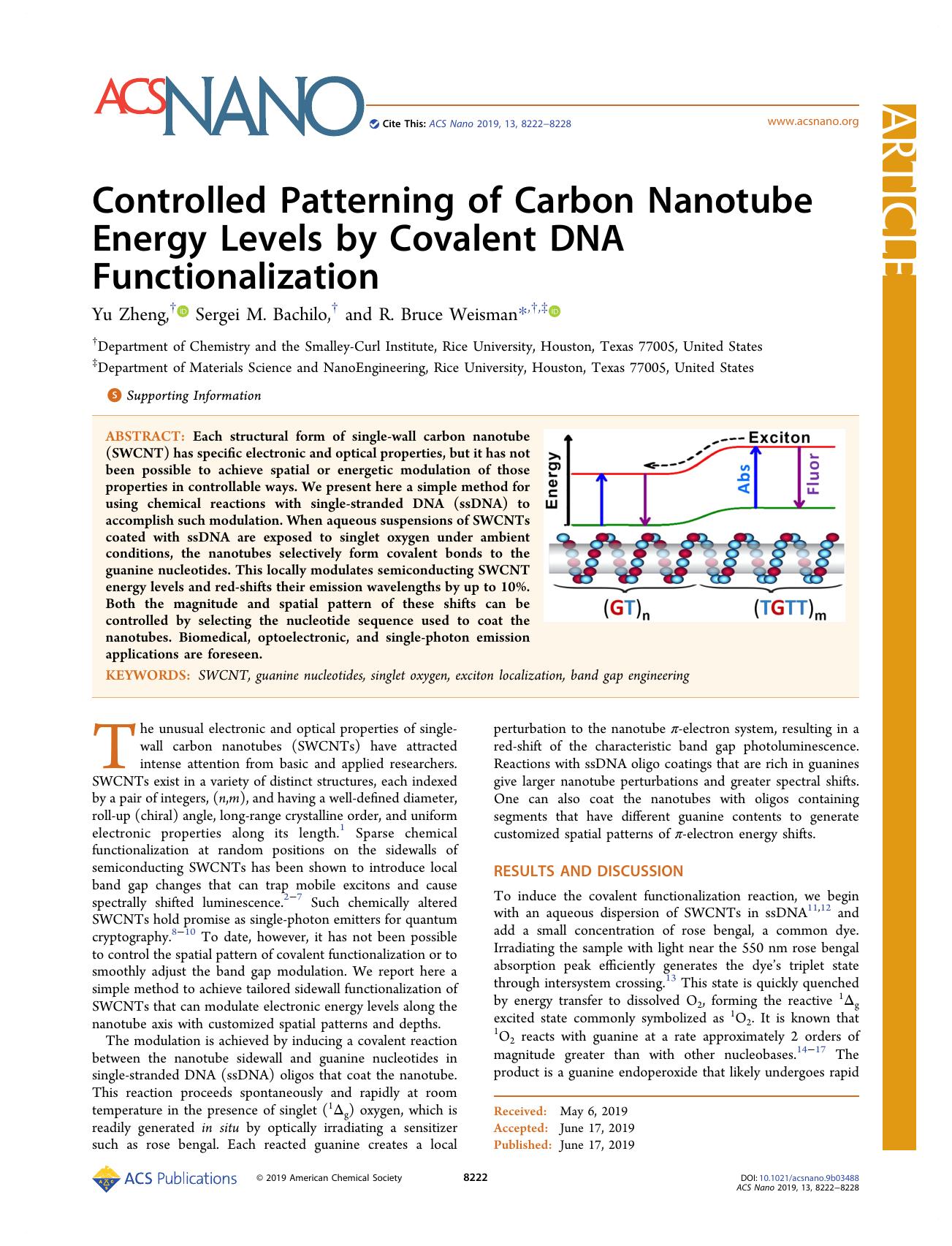 Controlled Patterning of Carbon Nanotube Energy Levels by Covalent DNA Functionalization by Yu Zheng Sergei M. Bachilo and R. Bruce Weisman