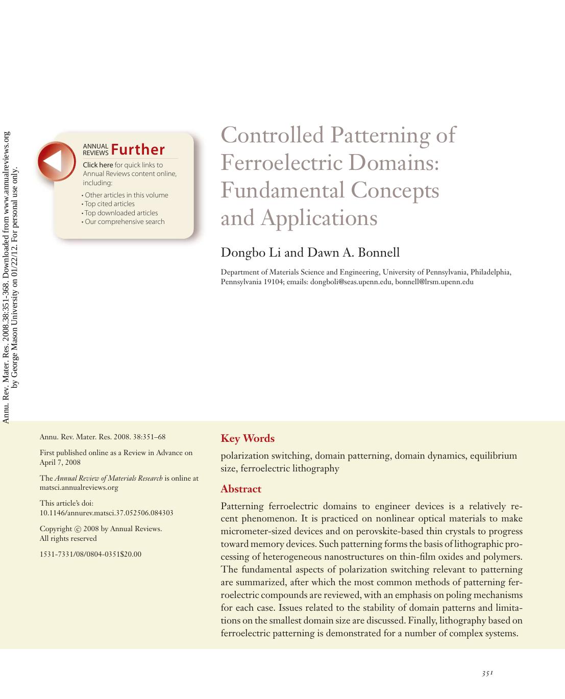 Controlled Patterning of Ferroelectric Domains: Fundamental Concepts and Applications by Dongbo Li & Dawn A. Bonnell