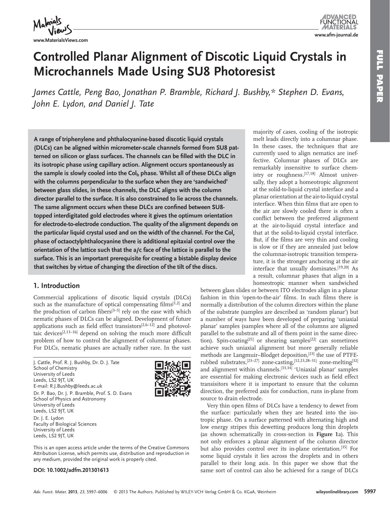 Controlled Planar Alignment of Discotic Liquid Crystals in Microchannels Made Using SU8 Photoresist by s-w-270