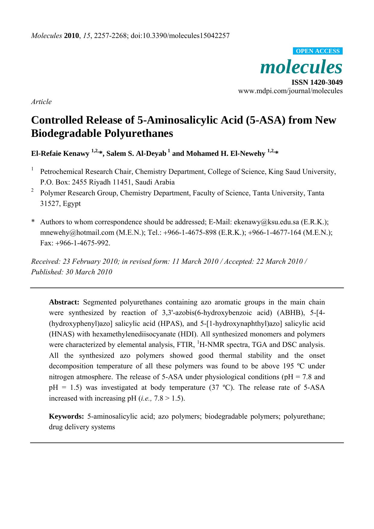 Controlled Release of 5-Aminosalicylic Acid (5-ASA) from New Biodegradable Polyurethanes by El-Refaie Kenawy & Salem S. Al-Deyab & Mohamed H. El-Newehy