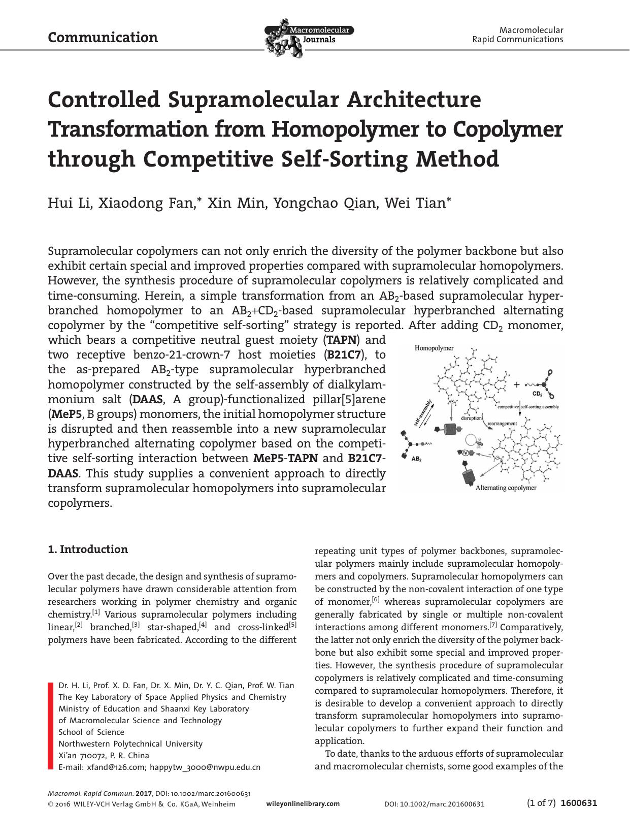 Controlled Supramolecular Architecture Transformation from Homopolymer to Copolymer through Competitive Self‐Sorting Method by Unknown