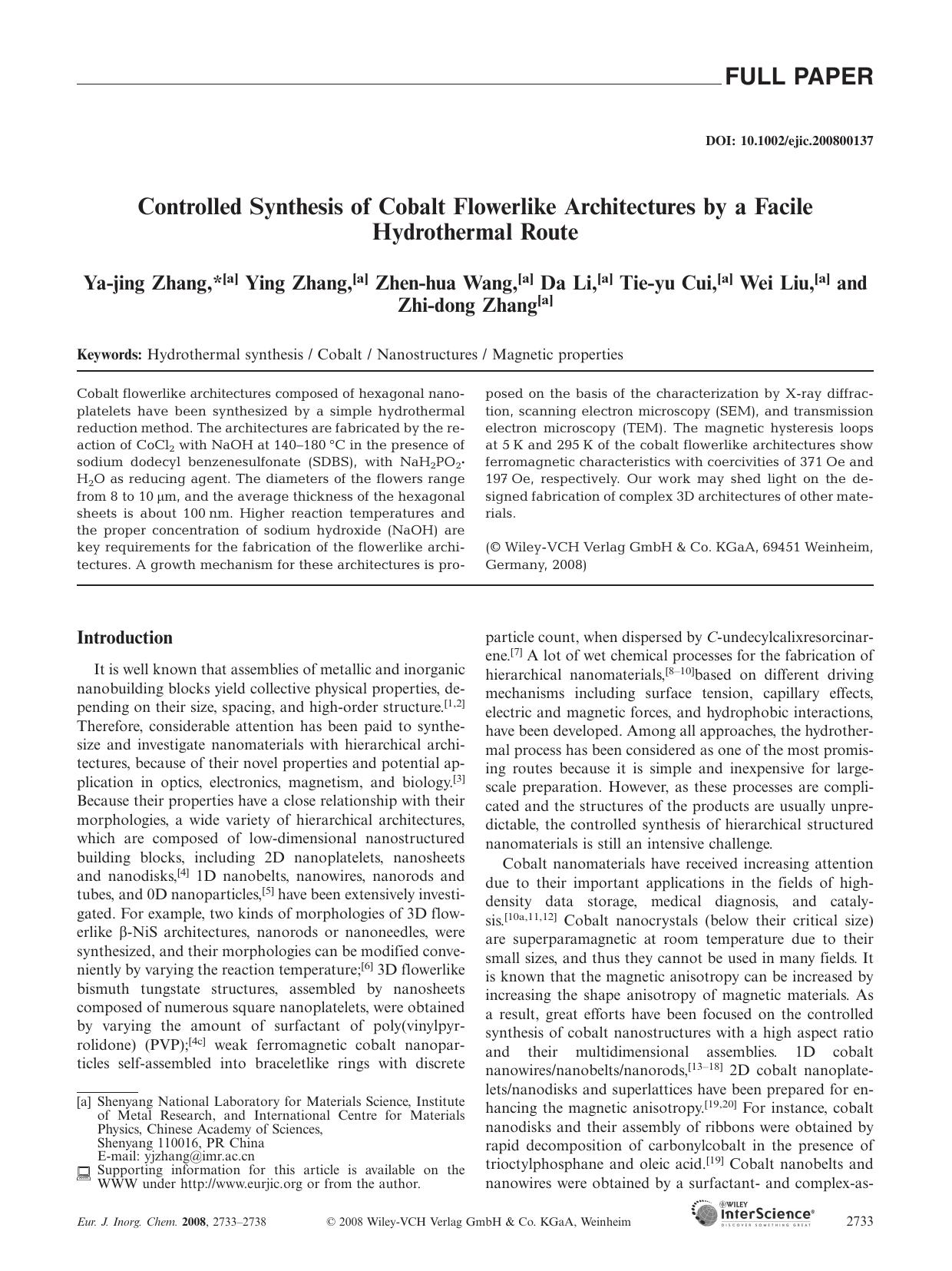Controlled Synthesis of Cobalt Flowerlike Architectures by a Facile Hydrothermal Route by Unknown