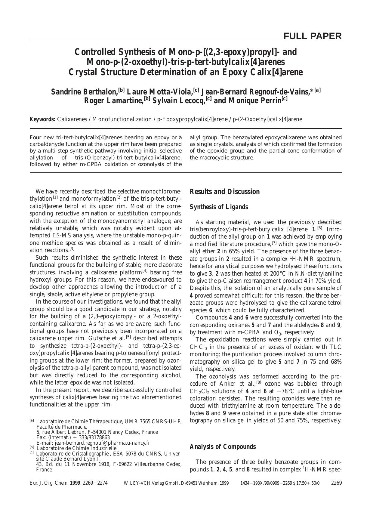Controlled Synthesis of Mono-p-[(2,3-epoxy)propyl]- and Mono-p-(2-oxoethyl)-tris-p-tert-butylcalix[4]arenes Crystal Structure Determination of an Epoxy Calix[4]arene by Unknown