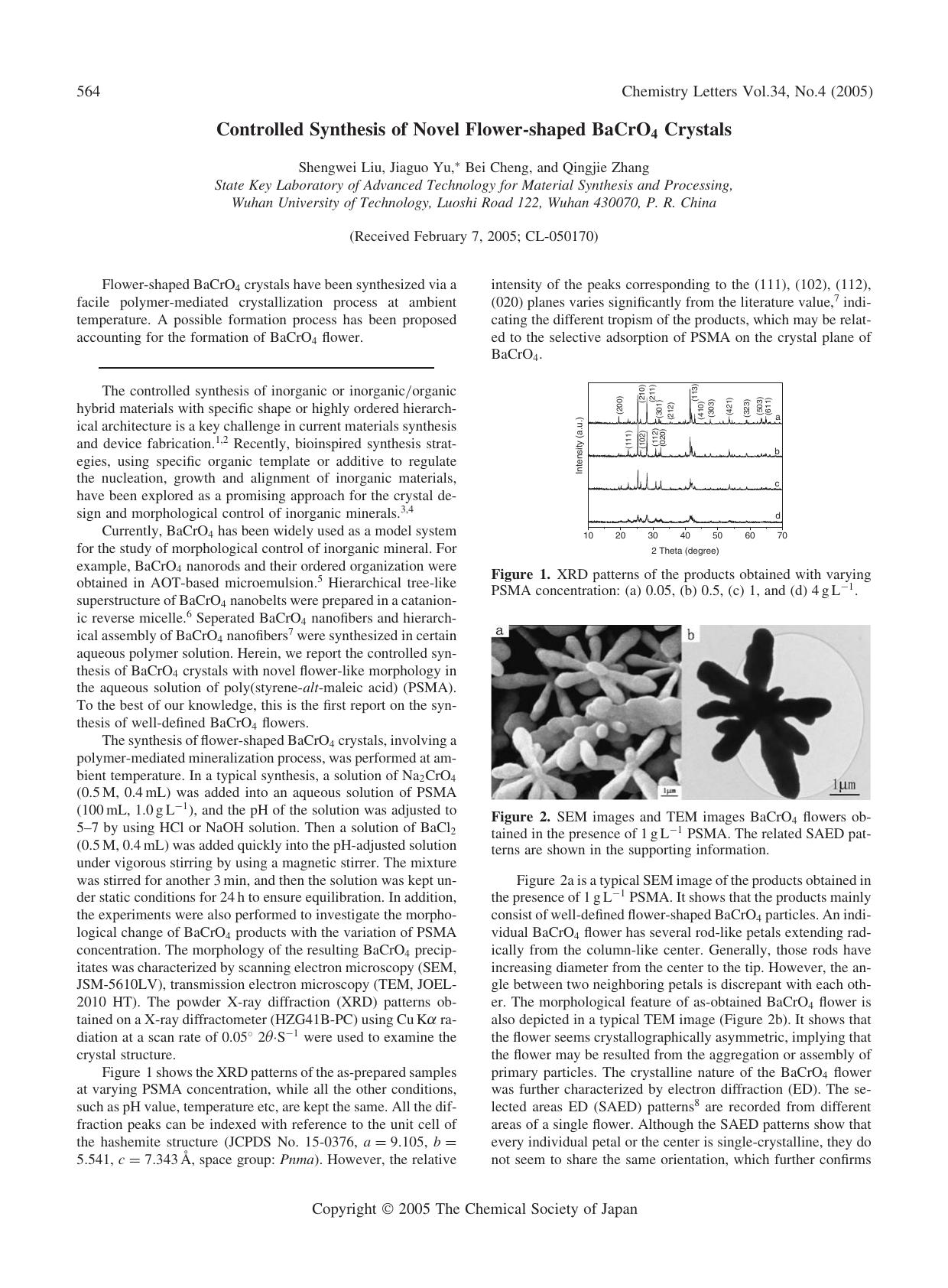 Controlled Synthesis of Novel Flower-shaped BaCrO_{4} Crystals by Shengwei Liu Jiaguo Yu Bei Cheng and Qingjie Zhang