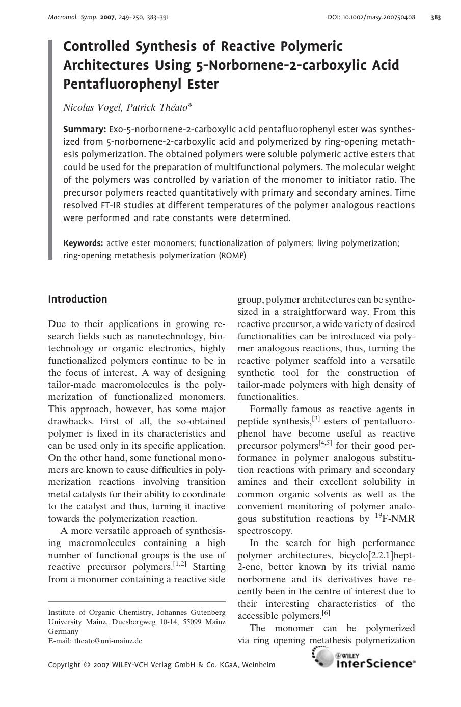 Controlled Synthesis of Reactive Polymeric Architectures Using 5-Norbornene-2-carboxylic Acid Pentafluorophenyl Ester by Unknown