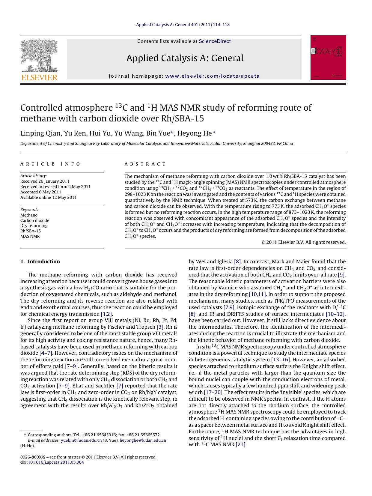Controlled atmosphere 13C and 1H MAS NMR study of reforming route of methane with carbon dioxide over RhSBA-15 by Linping Qian