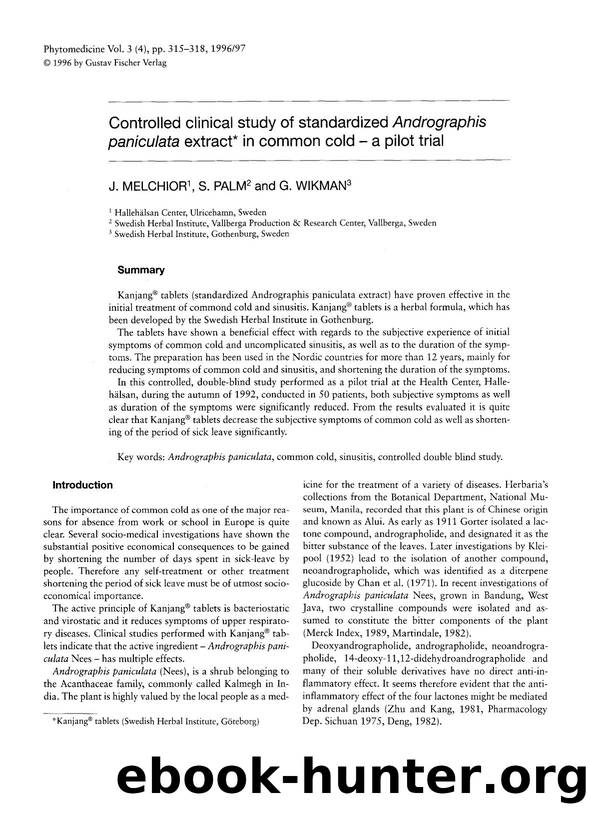 Controlled clinical study of standardized Andrographis paniculata extract in common cold â a pilot trial by J. Melchior & S. Palm & G. Wikman
