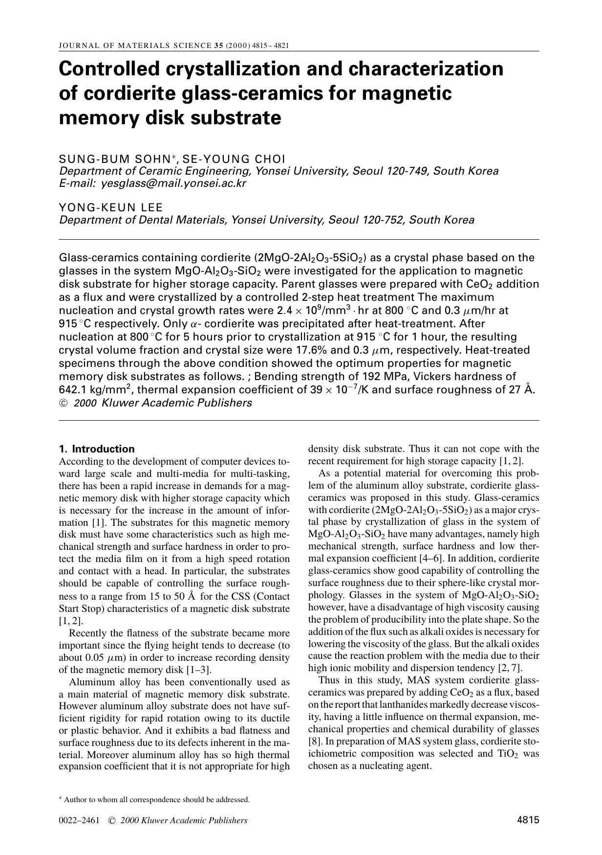 Controlled crystallization and characterization of cordierite glass-ceramics for magnetic memory disk substrate by Unknown