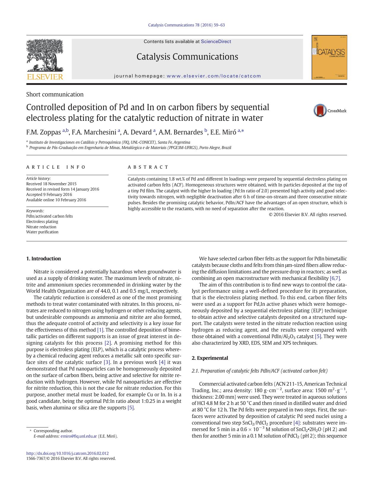 Controlled deposition of Pd and In on carbon fibers by sequential electroless plating for the catalytic reduction of nitrate in water by F.M. Zoppas & F.A. Marchesini & A. Devard & A.M. Bernardes & E.E. Miró