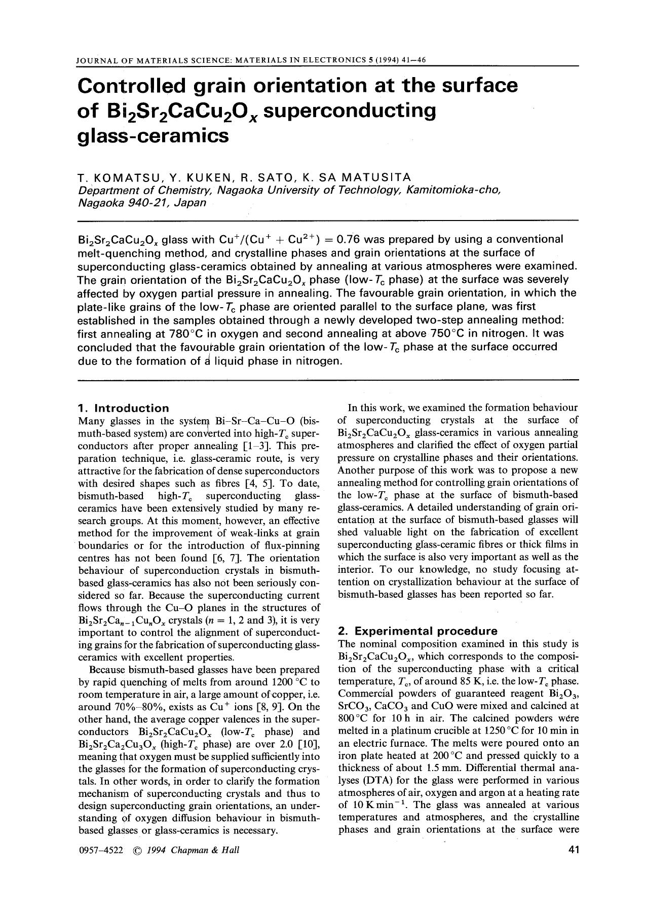 Controlled grain orientation at the surface of Bi <Subscript>2 <Subscript>Sr <Subscript>2 <Subscript>CaCu <Subscript>2 <Subscript>O <Subscript>x <Subscript> superconducting glass-ceramics by Unknown