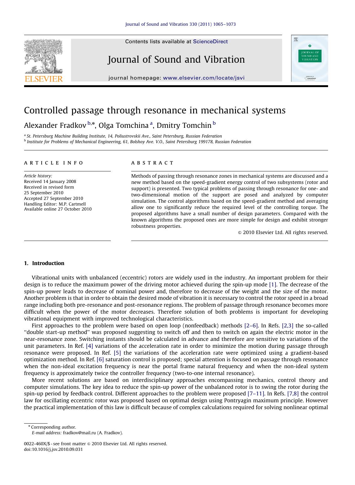 Controlled passage through resonance in mechanical systems by Alexander Fradkov & Olga Tomchina & Dmitry Tomchin