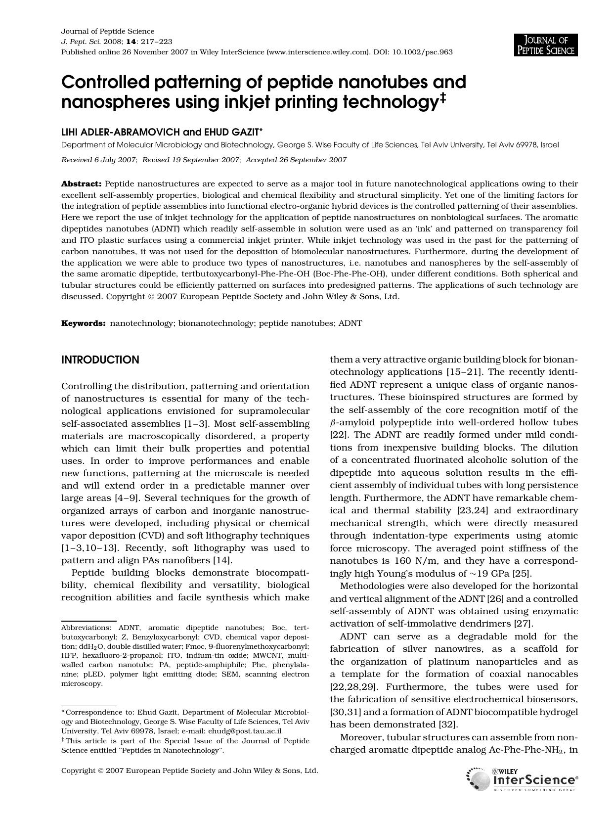 Controlled patterning of peptide nanotubes and nanospheres using inkjet printing technology by Unknown