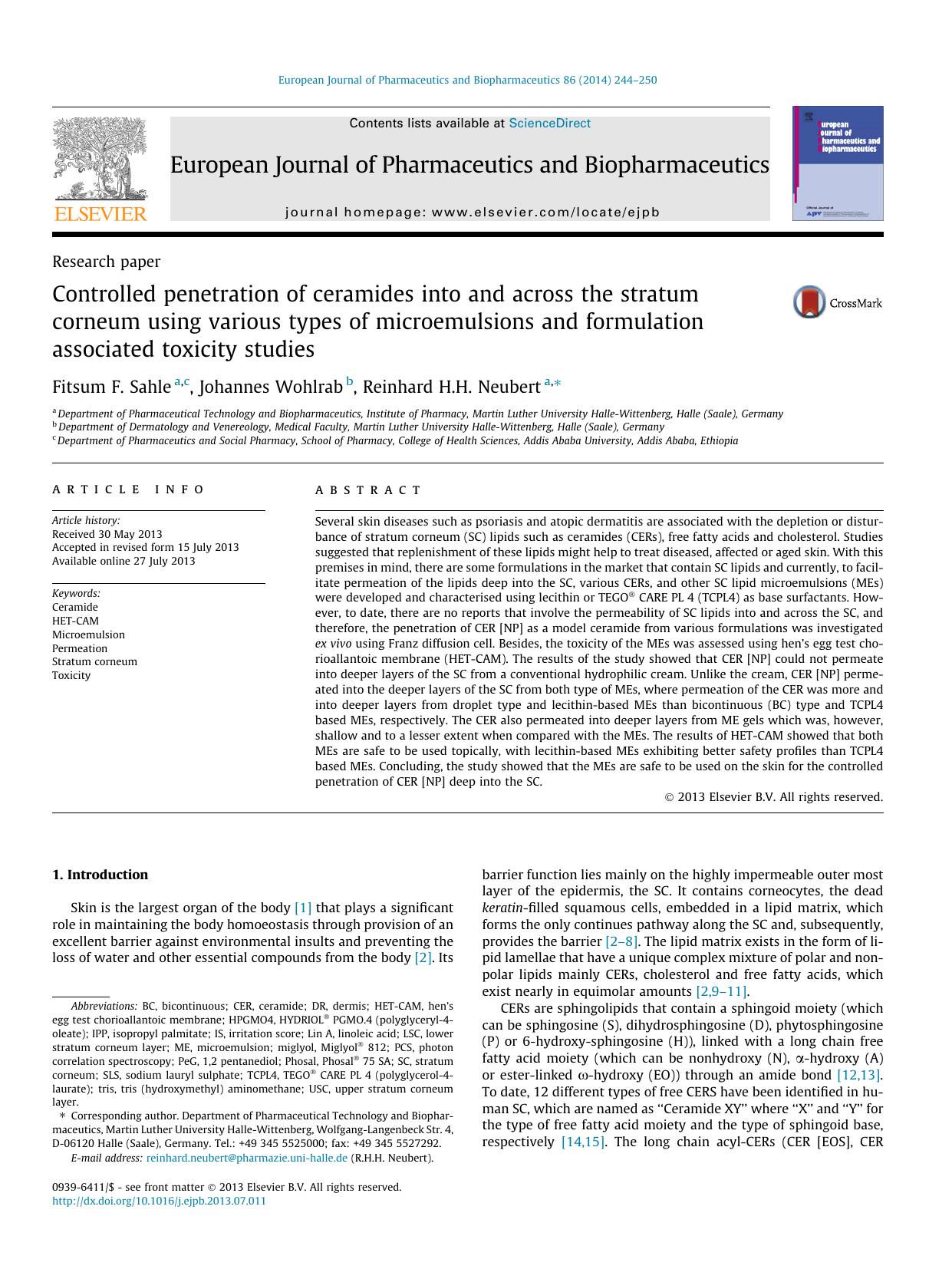 Controlled penetration of ceramides into and across the stratum corneum using various types of microemulsions and formulation associated toxicity studies by Fitsum F. Sahle & Johannes Wohlrab & Reinhard H.H. Neubert