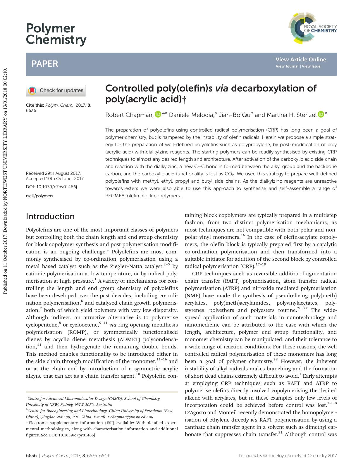 Controlled poly(olefin)s via decarboxylation of poly(acrylic acid) by Robert Chapman Daniele Melodia Jian-Bo Qu Martina H. Stenzel