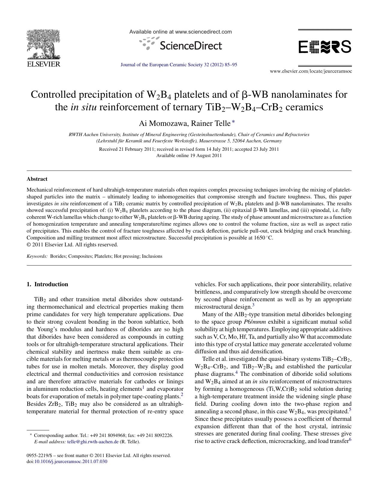 Controlled precipitation of W2B4 platelets and of ÃÂ²-WB nanolaminates for the in situ reinforcement of ternary TiB2Ã¢â¬âW2B4Ã¢â¬âCrB2 ceramics by Ai Momozawa