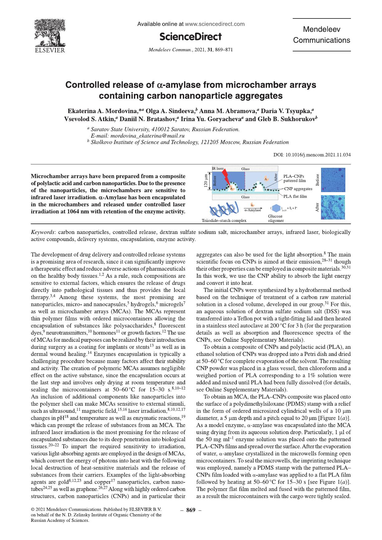 Controlled release of Î±-amylase from microchamber arrays containing carbon nanoparticle aggregates by unknow