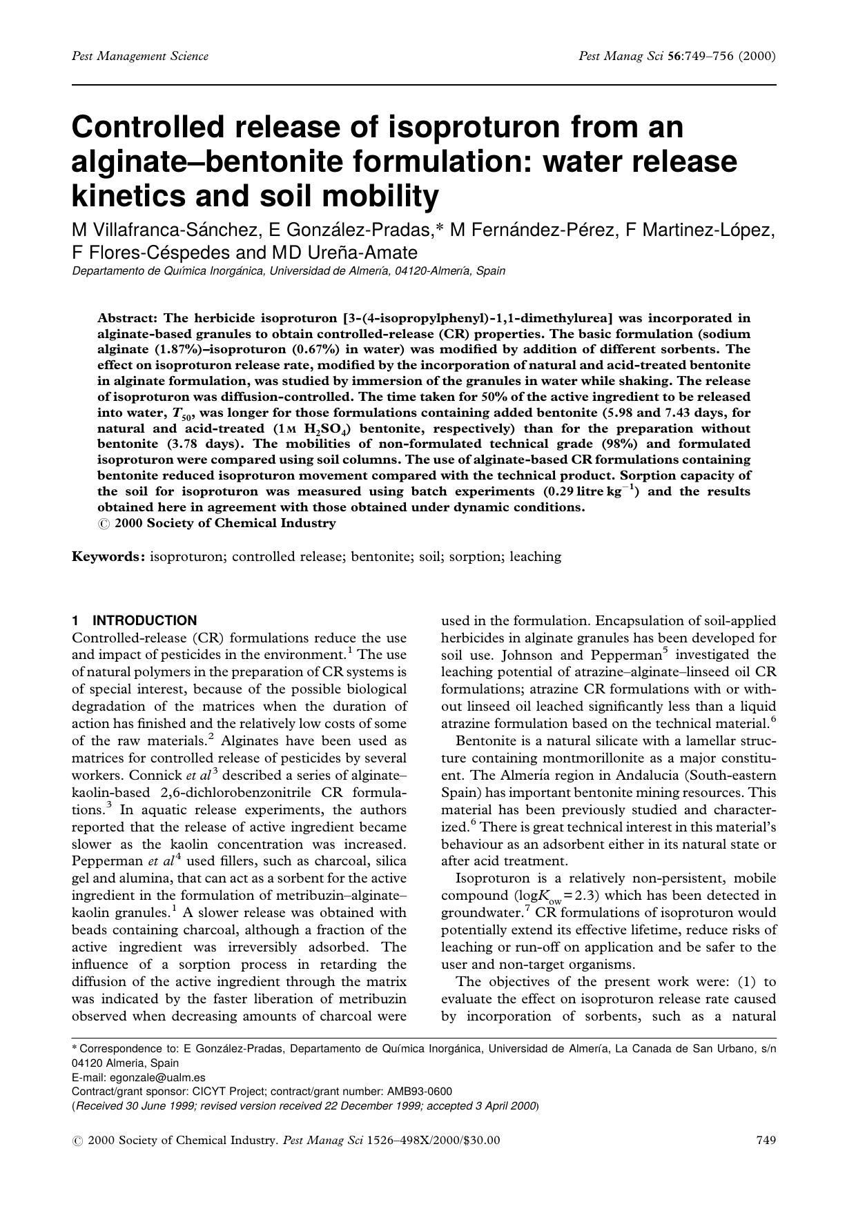 Controlled release of isoproturon from an alginate-bentonite formulation: water release kinetics and soil mobility by Unknown