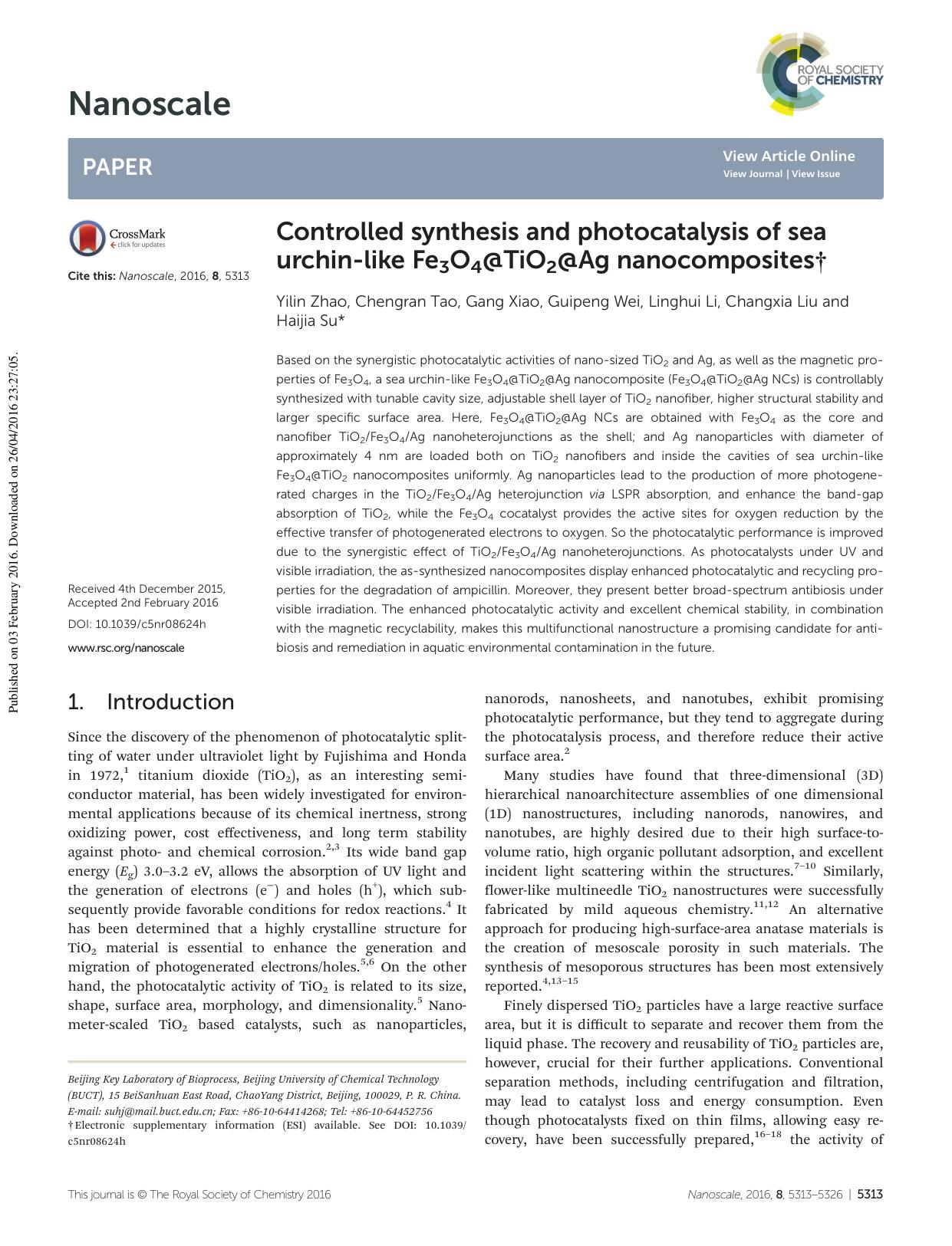 Controlled synthesis and photocatalysis of sea urchin-like Fe3O4@TiO2@Ag nanocomposites by Yilin Zhao Chengran Tao Gang Xiao Guipeng Wei Linghui Li Changxia Liu Haijia Su
