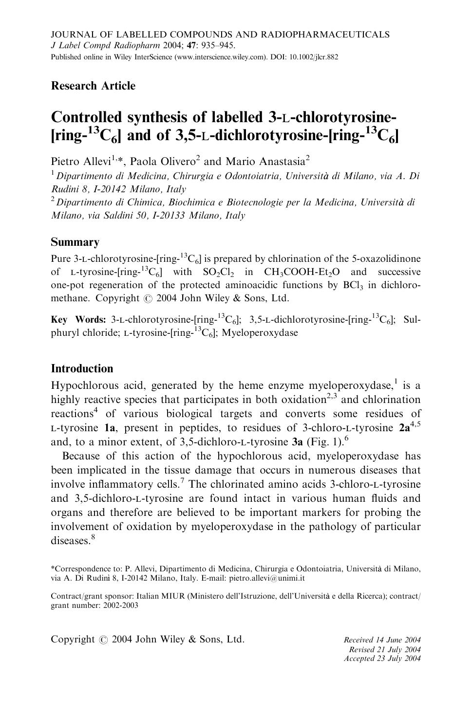 Controlled synthesis of labelled 3-L-chlorotyrosine-[ring-13C6] and of 3,5-L-dichlorotyrosine-[ring-13C6] by Unknown