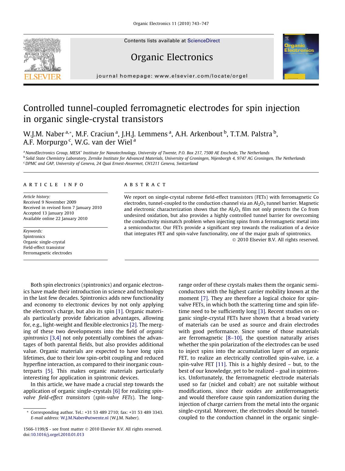 Controlled tunnel-coupled ferromagnetic electrodes for spin injection in organic single-crystal transistors by unknow