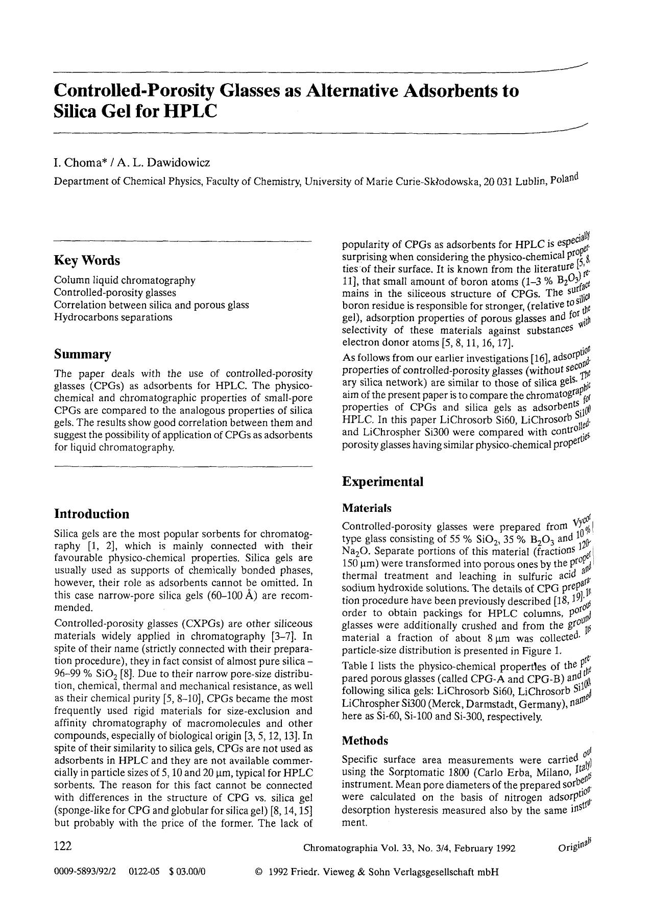 Controlled-porosity glasses as alternative adsorbents to silica gel for HPLC by Unknown