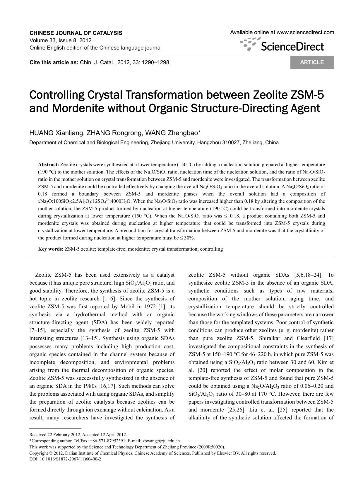 Controlling Crystal Transformation between Zeolite ZSM-5 and Mordenite without Organic Structure-Directing Agent by Xianliang HUANG & Rongrong ZHANG & Zhengbao WANG