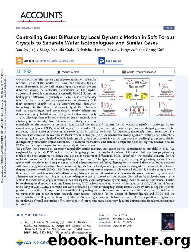 Controlling Guest Diffusion by Local Dynamic Motion in Soft Porous Crystals to Separate Water Isotopologues and Similar Gases by Yan Su Jia-Jia Zheng Ken-ichi Otake Nobuhiko Hosono Susumu Kitagawa & Cheng Gu