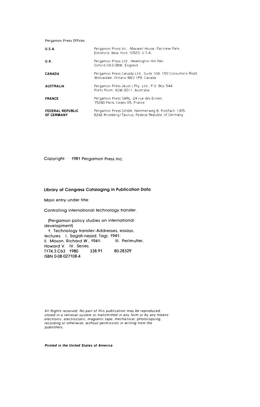 Controlling International Technology Transfer. Issues, Perspectives, and Policy Implications by Tagi Sagafi-Nejad Richard W. Moxon and Howard V. Perlmutter (Eds.)