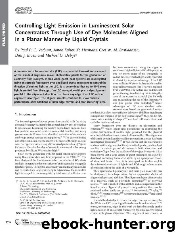 Controlling Light Emission in Luminescent Solar Concentrators Through Use of Dye Molecules Aligned in a Planar Manner by Liquid Crystals by Unknown