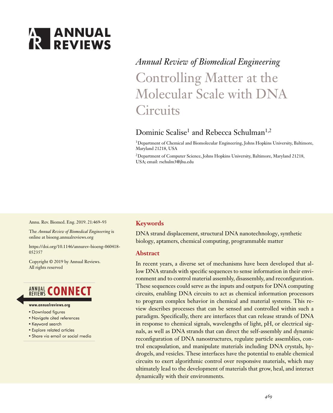 Controlling Matter at the Molecular Scale with DNA Circuits by Dominic Scalise and Rebecca Schulman