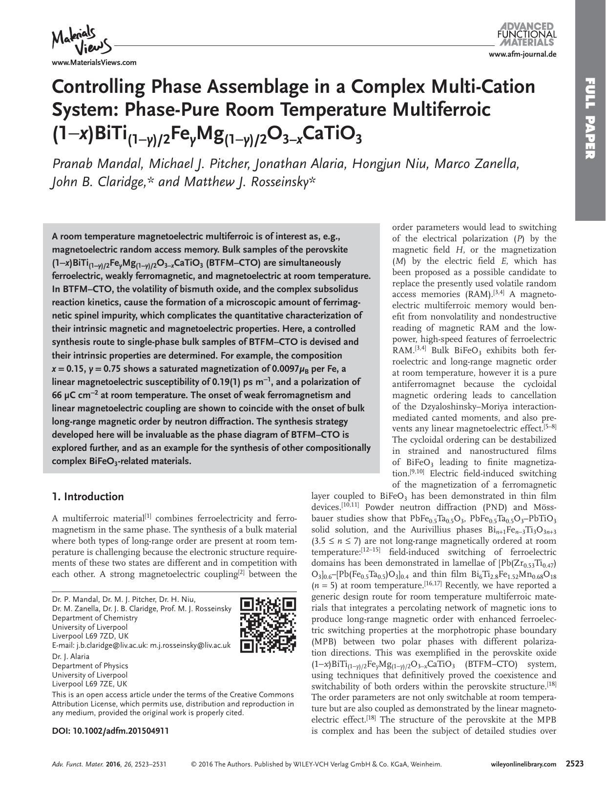 Controlling Phase Assemblage in a Complex Multi&#x02010;Cation System: Phase&#x02010;Pure Room Temperature Multiferroic (1&#x02212;<i>x<i>)BiTi<sub>(1&#x02212;<sub><i><sub>y<sub><i by Unknown