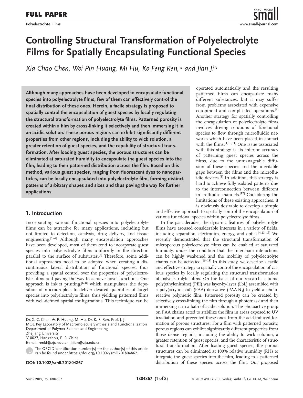 Controlling Structural Transformation of Polyelectrolyte Films for Spatially Encapsulating Functional Species by Unknown