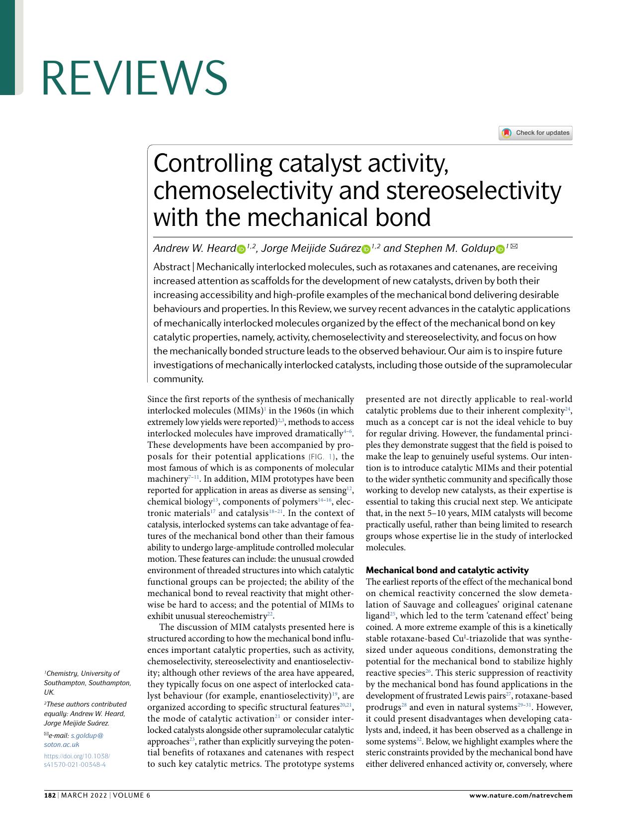 Controlling catalyst activity, chemoselectivity and stereoselectivity with the mechanical bond by Andrew W. Heard & Jorge Meijide Suárez & Stephen M. Goldup