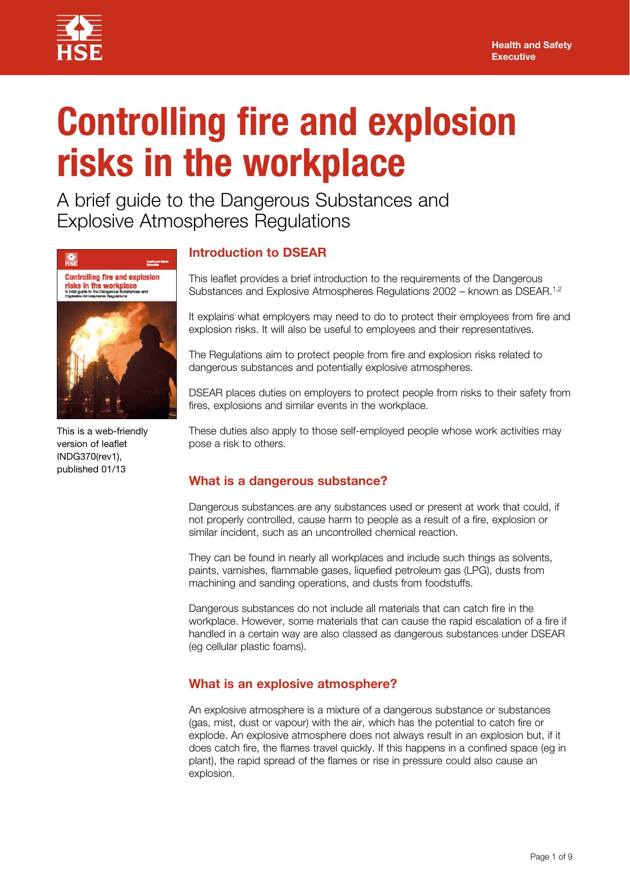Controlling fire and explosion risks in the workplace: A brief guide to the Dangerous Substances and Explosive Atmospheres Regulations by Health and Safety Executive (HSE)
