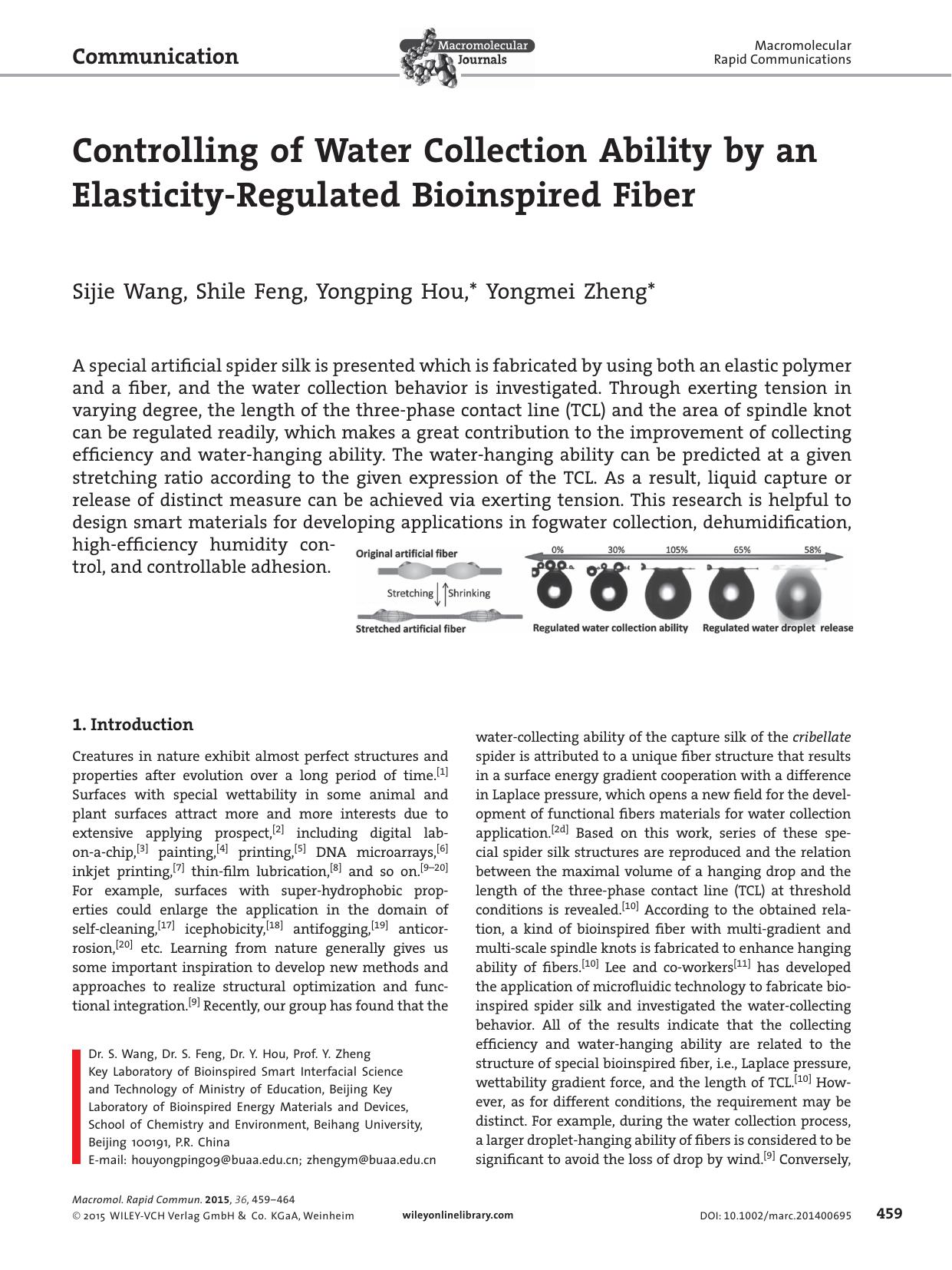 Controlling of Water Collection Ability by an Elasticity&#x02010;Regulated Bioinspired Fiber by Unknown