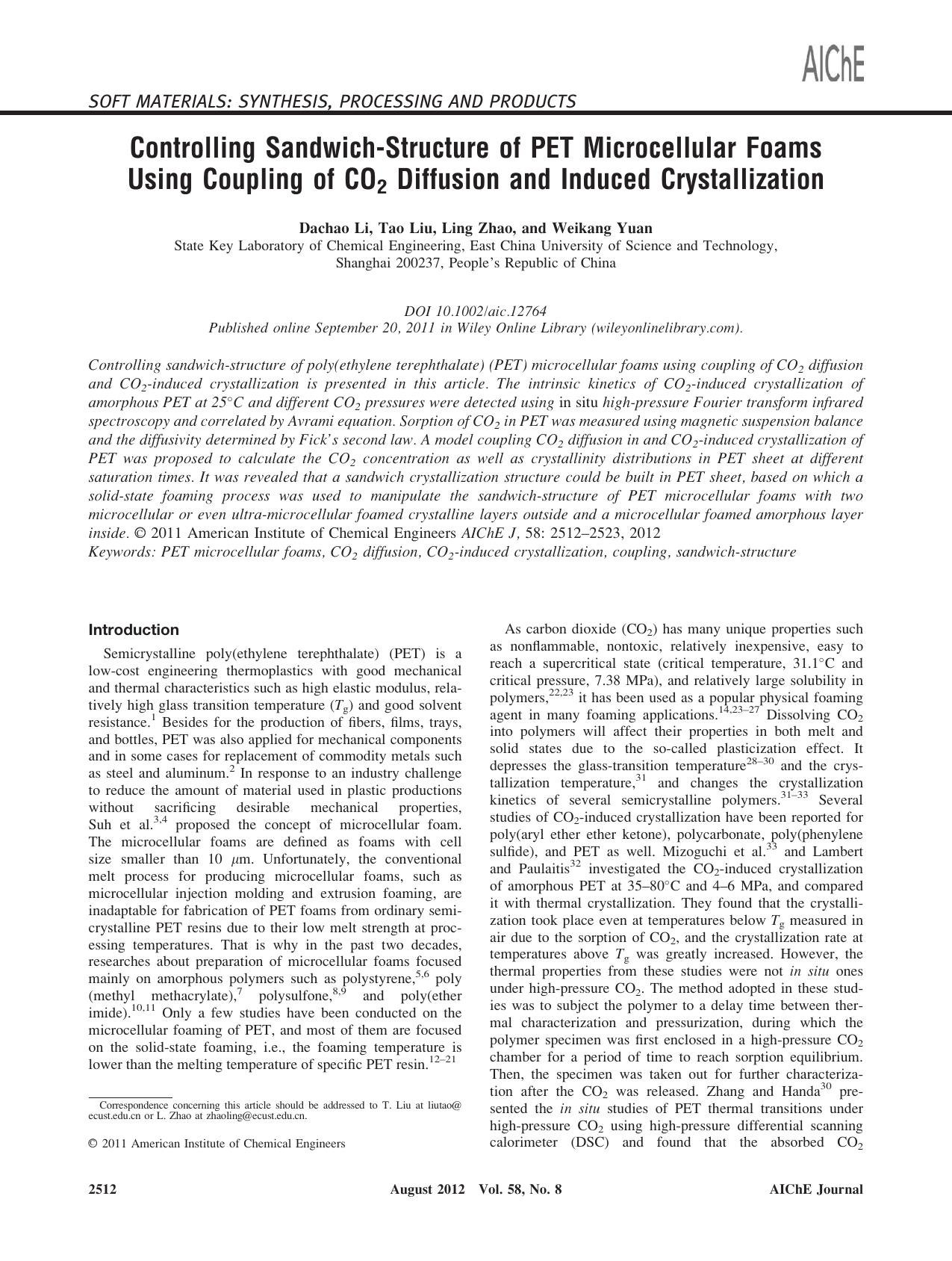 Controlling sandwichstructure of PET microcellular foams using coupling of CO2 diffusion and induced crystallization by Unknown
