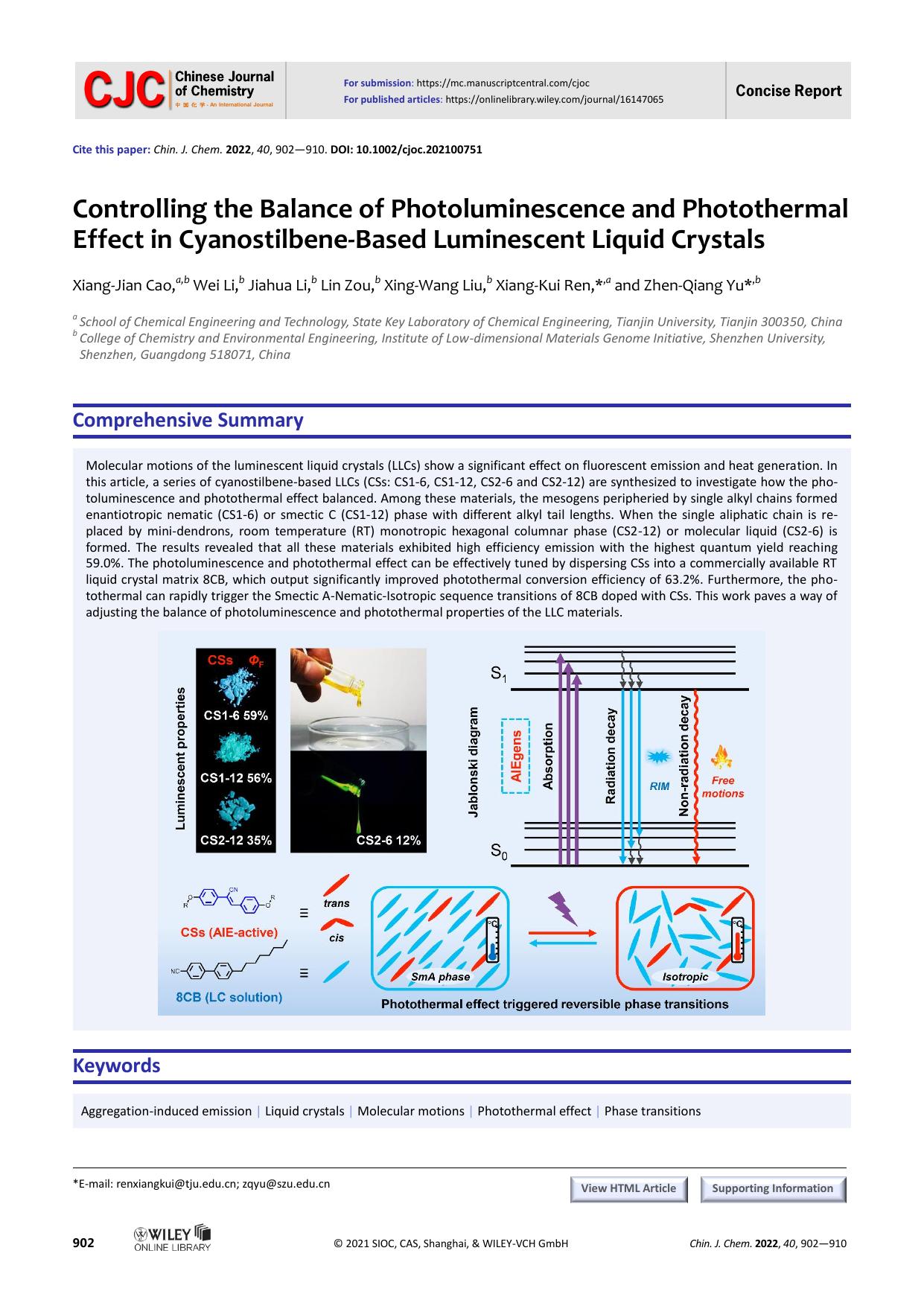Controlling the Balance of Photoluminescence and Photothermal Effect in Cyanostilbene-Based Luminescent Liquid Crystals by user